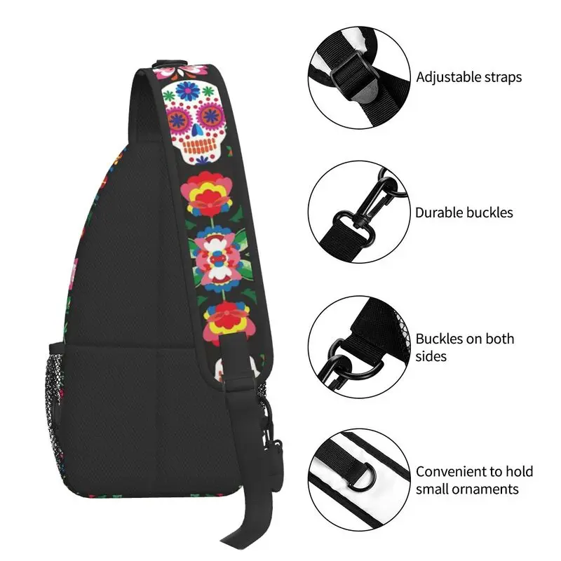 Casual Day Of The Dead Sugar Skulls Sling Crossbody Backpack Men Mexican Flower Shoulder Chest Bag for Traveling