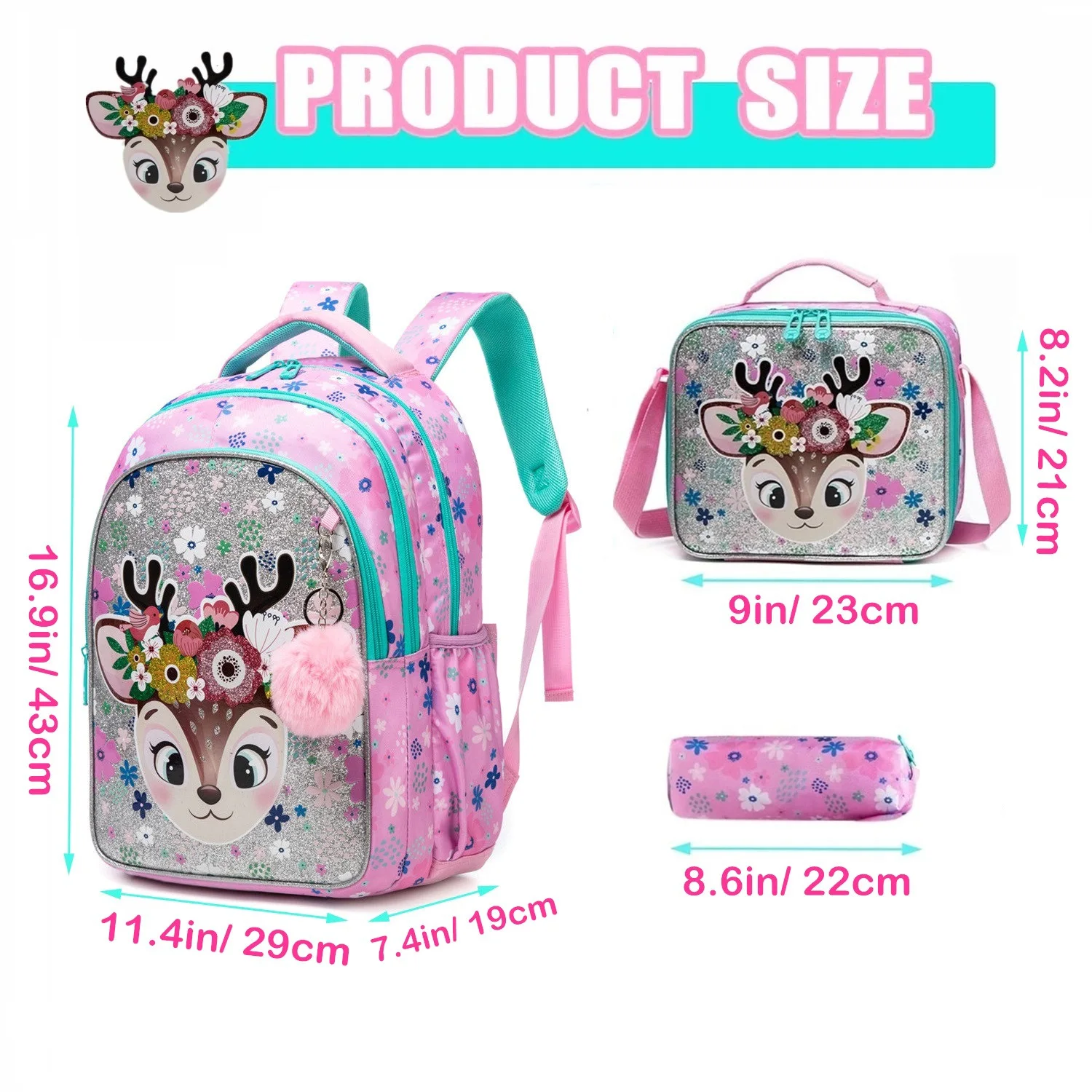 3PCS Backpack Set for Kids School Bag with Lunch Bag Large Capacity Bookbag for Elementary Student Lightweight Daypack for Travel