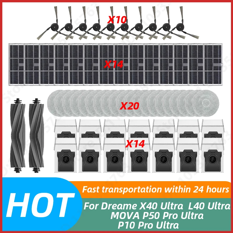

For Dreame X40 Ultra L40 Ultra P50 Pro Ultra P10 Pro Ultra Main Side Brush HEPA Filter Mop Cloths Dust Bag Accessories