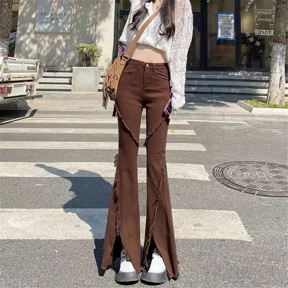 

Retro Split Tassels Flare Jeans Women'S Solid High Waist Clothes Bell-Bottoms Pants Brown Raw Hem Slim Elastic Denim Trousers