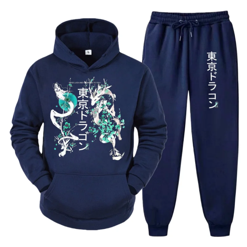 مجموعة حرارية خارجية للخريف والشتاء للرجال - هوديي من الصوف + بنطلون بطبعة طوكيو دراجون بلوم، كاجوال مريح من قطعتين #5