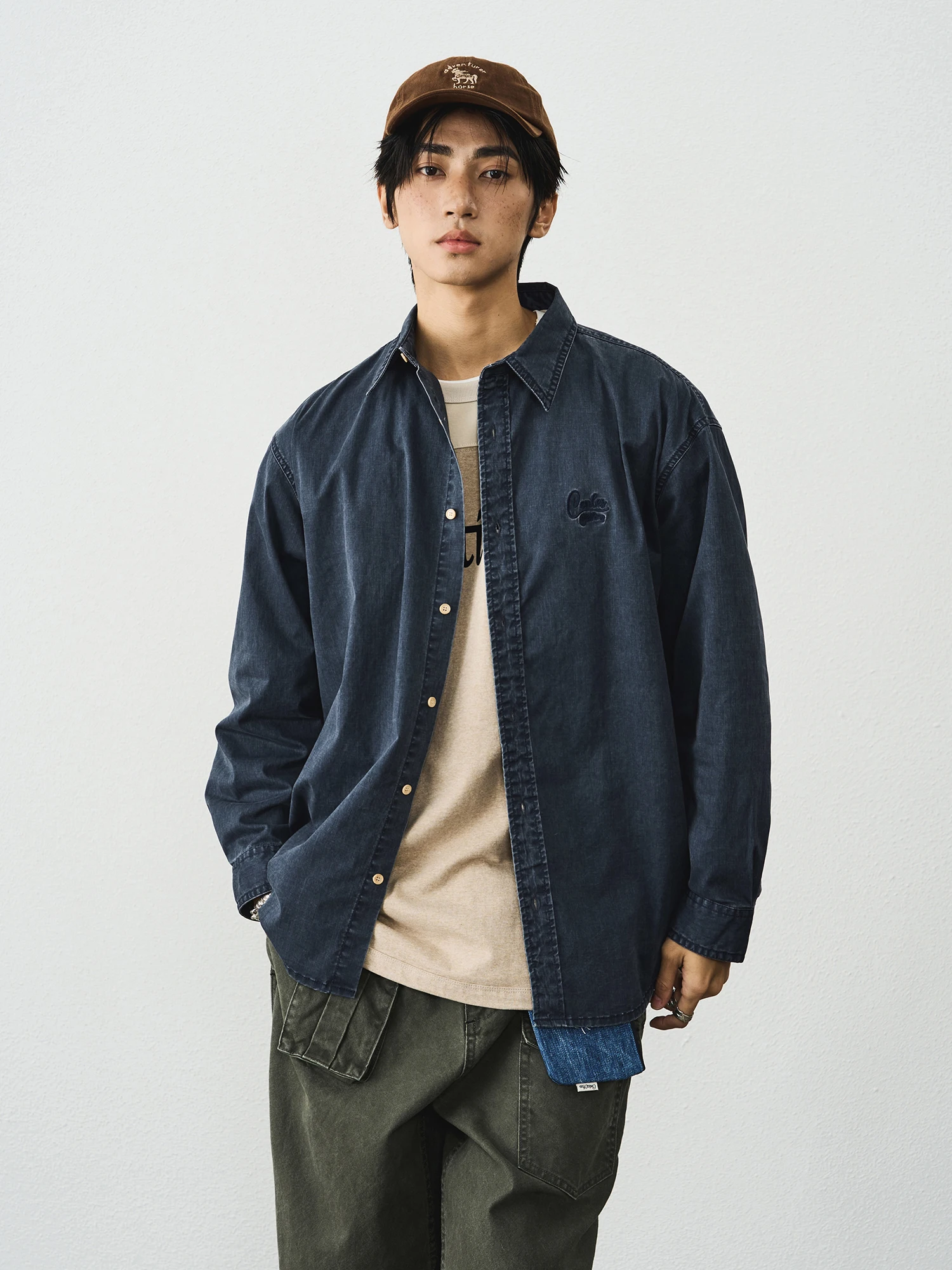 CENLES Men's Loose Fit Long Sleeve Shirt Washed Casual Basic Style American Retro Cotton Polyester Blend Breathable Comfortable