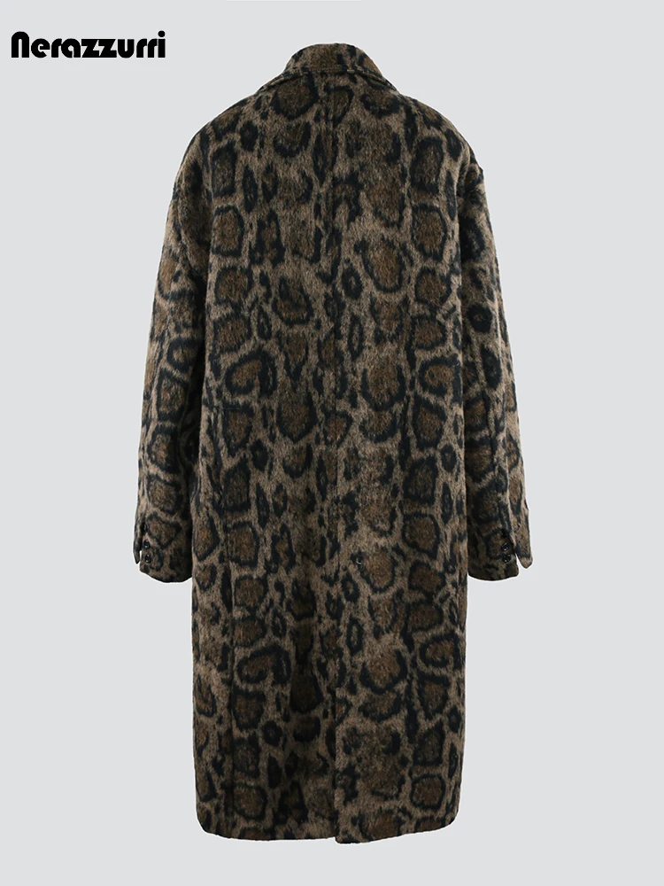 Nerazzurri Autumn Winter Long Loose Casual Leopard Print Woolen Coat Men