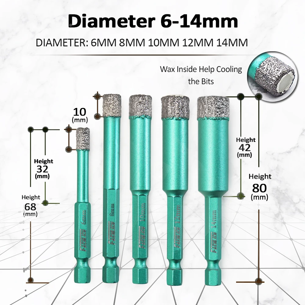 FACHLICH 5pcs/set Hex Shank Dry Drill Core Bits Marble Granite Tile Hand Drilling Tool Hole Saw Dia 6/6/10/12/14mm Quick Fit