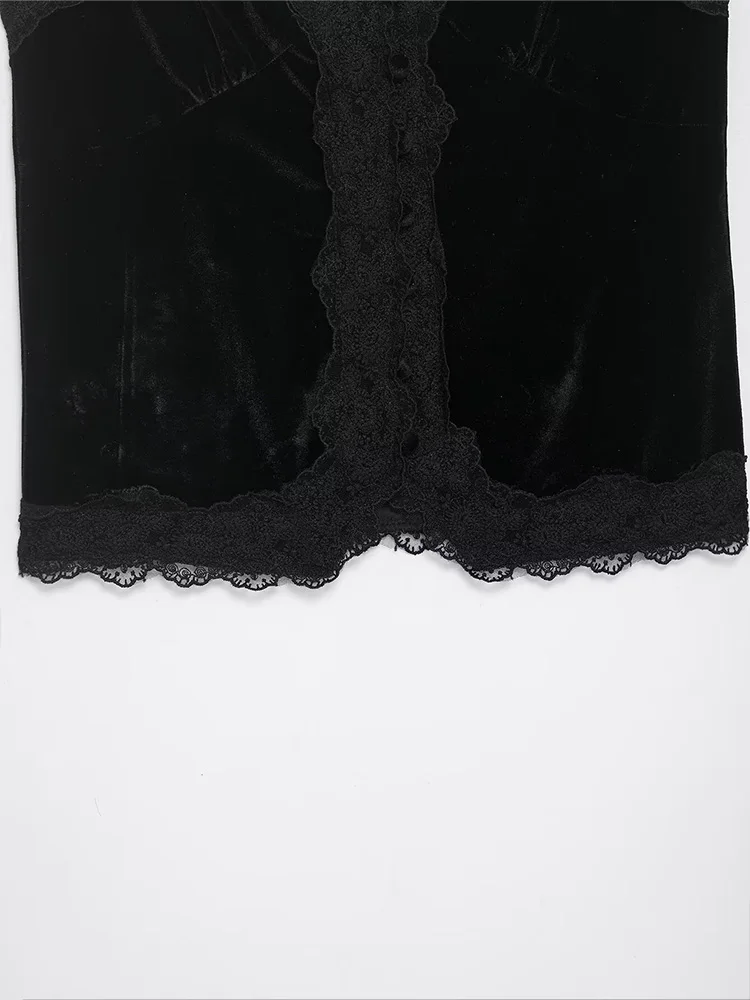 HH Woman Summer Fashion French Black Lace Splice Decoration Velvet Sling Backless Sling V-Neck Leisure Sleeveless Short Tops