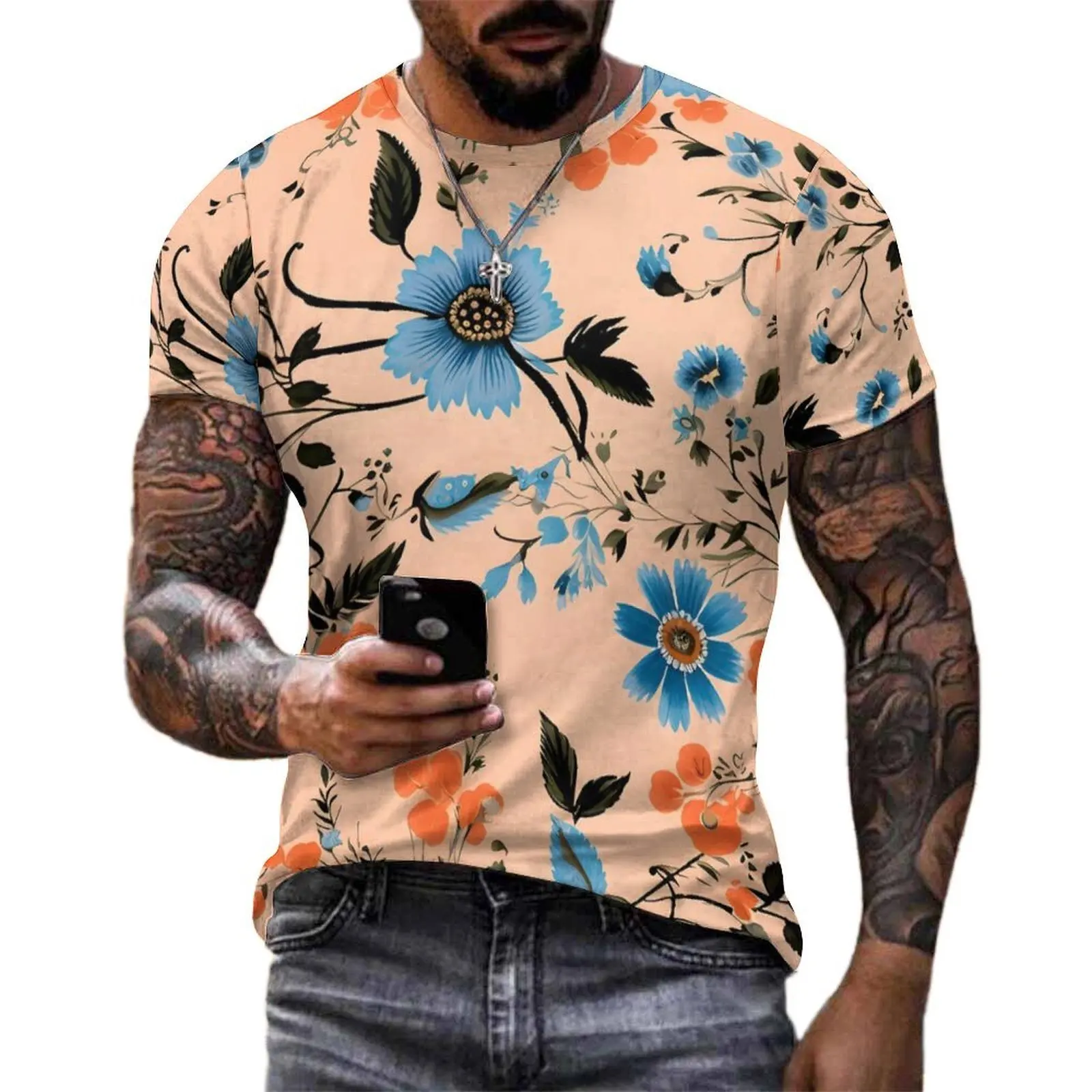 Summer T-Shirt Vintage Floral T-Shirts Blue And Pink Y2K Casual Novelty Tees For Men Short-Sleeved Printed Plus Size Clothing
