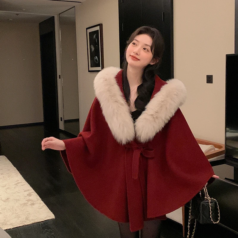 

Double-Sided Camere Fur Coat GG New Moon Cowl Ne Wrap Women's Ele Woolen Coat Long Sve Hooded Mid-Length