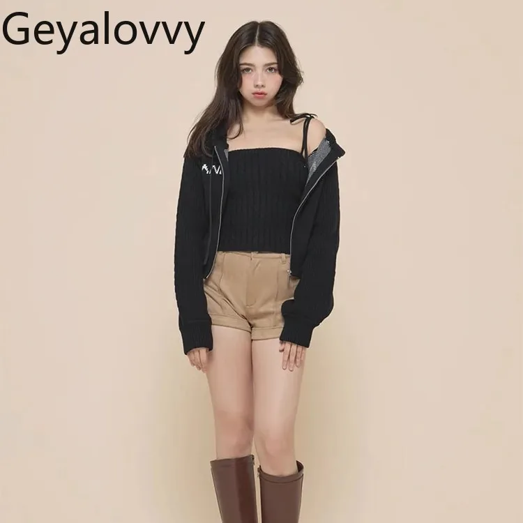 النمط الياباني الحلو متعدد الاستخدامات للفتيات رسالة الجاكار سستة محبوك كم طويل مقنع سترة قصيرة سستة + بروتيل