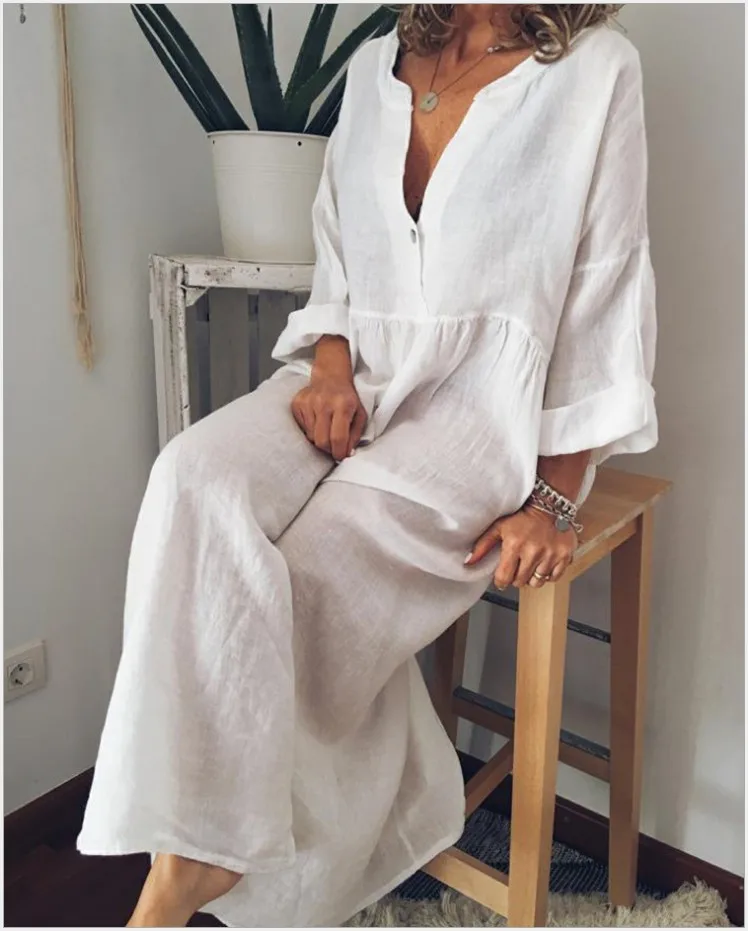 

2025 Women's New Solid Color Linen Solid Color Long Sleeve V-neck Button Large Sway Dress Loose Splicing Ankle Long Skirt Women