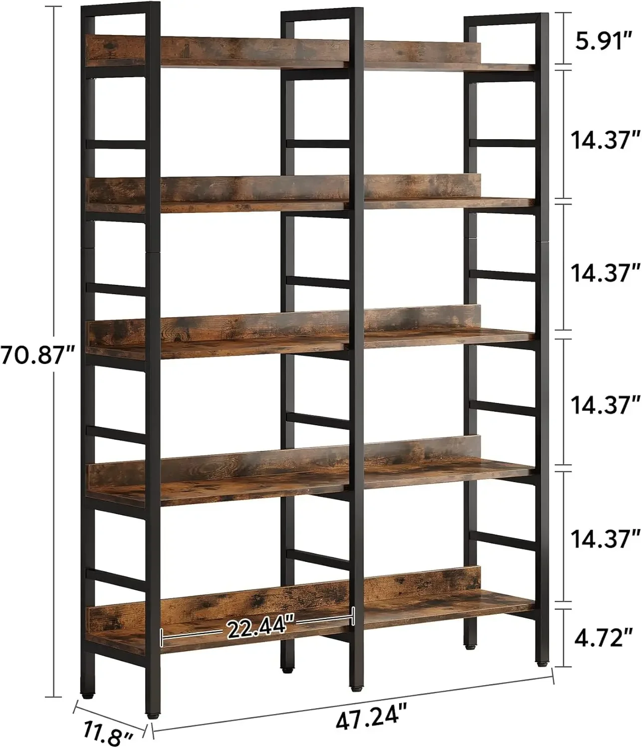 5-Tier Industrial Bookshelf, 71”H x 47”W  Bookcase, Freestanding Double Wide Book Shelf for Storage and Displa