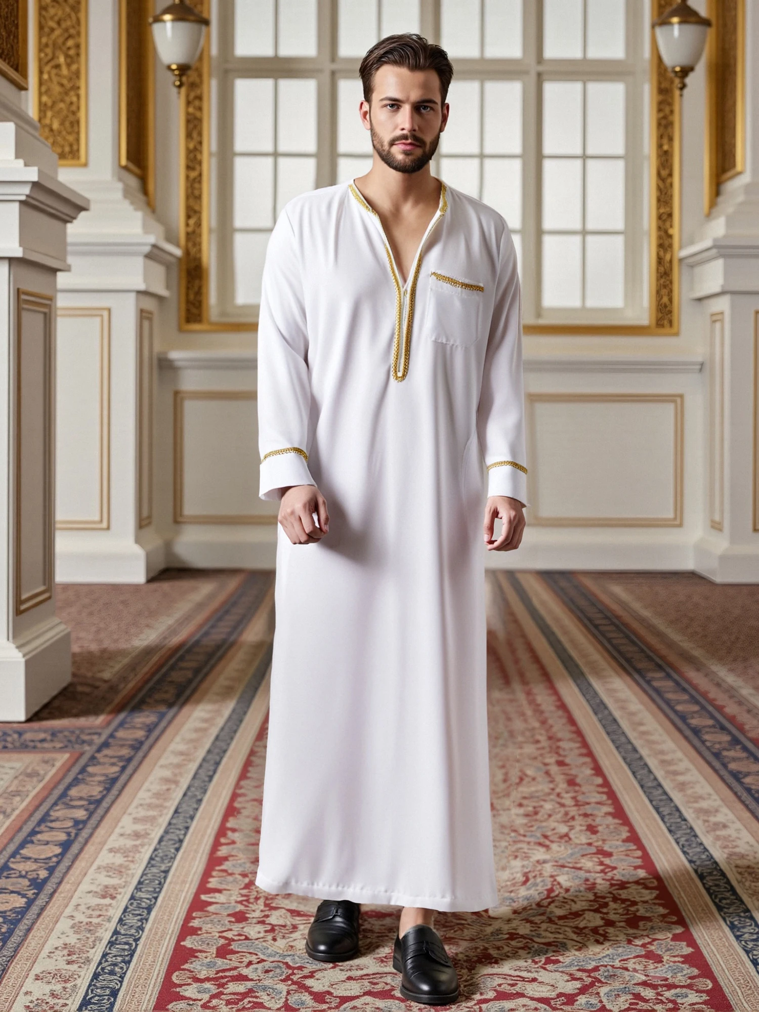 Abito caftano da uomo ricamato in oro manica lunga girocollo ampio abito lungo stile etnico costume nazionale