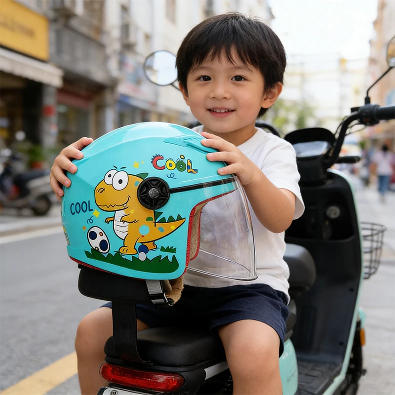 

Children's Cartoon Helmet Lightweight Half Helmet Electric Motorcycle Scooter Blue Dinosaur Pattern Size 45-50cm