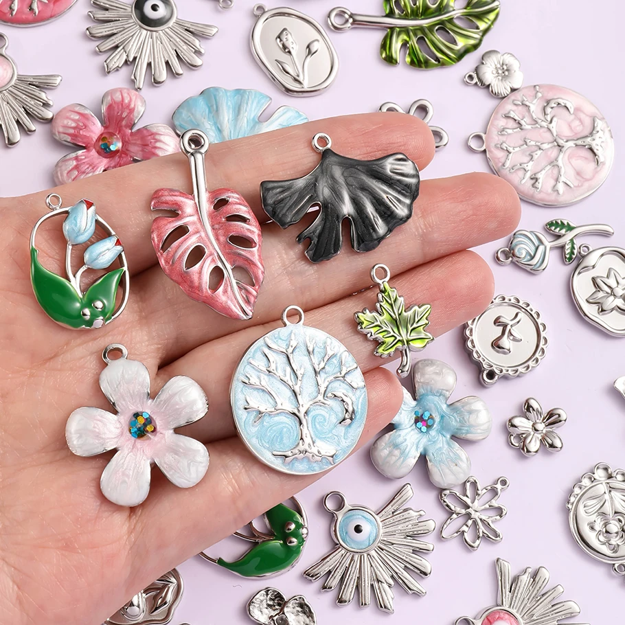 Personality 10pcs/Lot Plant Series Sweet French Stainless Steel Pendant Coral Branch/Sakura/Evil Eye Ginkgo Leaf Chic Pendants