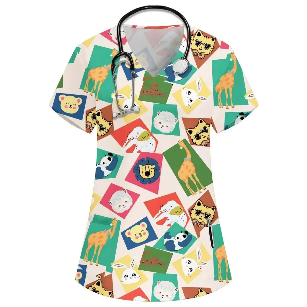 Vestido Clínico Feminino 2026 com Estampa de Desenho Animado, Decote em V, Manga Curta, Confortável e Moderno – Blusa Feminina para Enfermeiras e Cirurgias