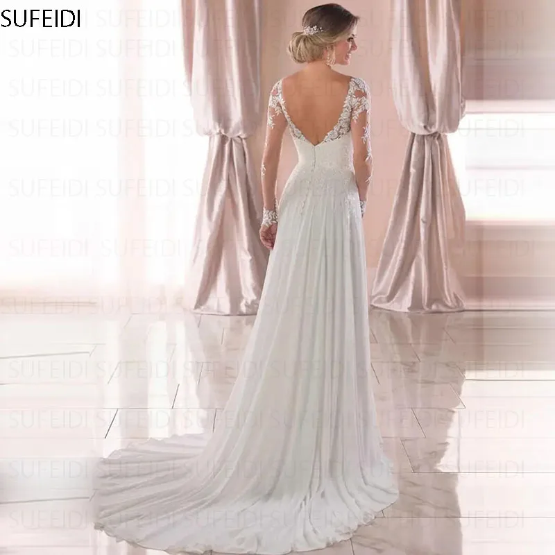 Abito da sposa con scollo a v in pizzo bianco Applique per abiti da sposa maniche lunghe abito da sposa in pizzo Chiffon abiti da sposa senza schienale a-line