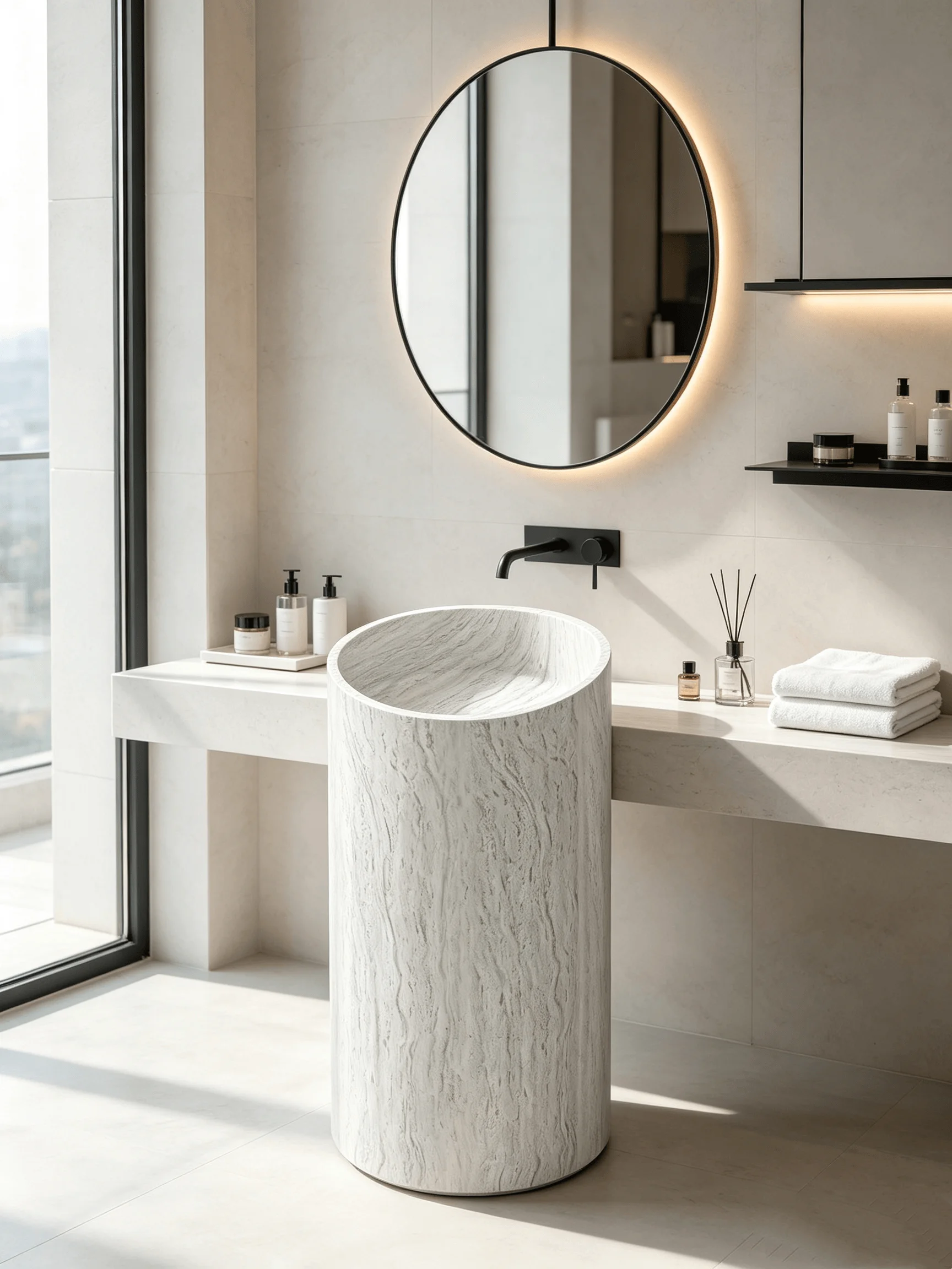 Modern Marble Pattern Freestanding Vessel Sink Solid Surface Pedestal Basin Round Bathroom Wash Basin Vanity Sink