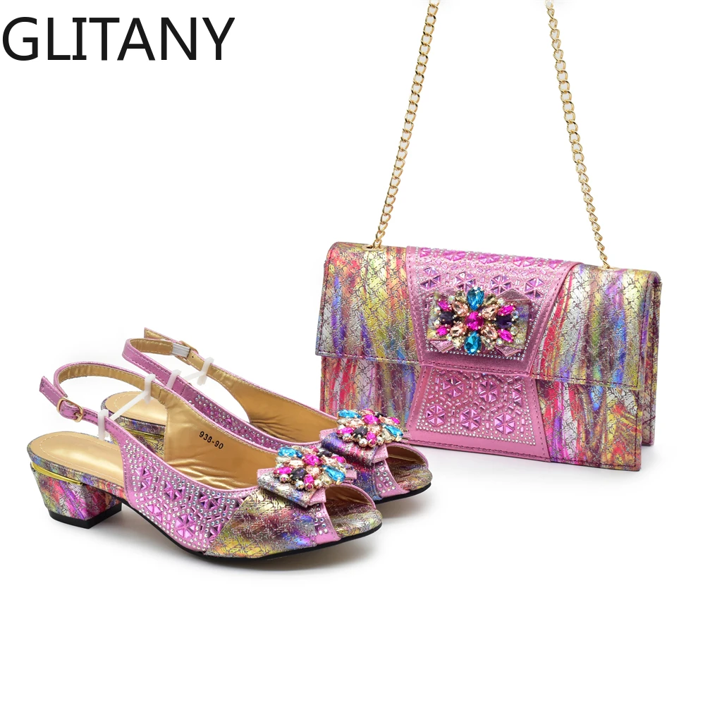 

Luxury Italian Shoes and Bag Set for Women African Women Wedding Shoes with Bag Set Decorated with Rhinestone Ladies Shoes Heels