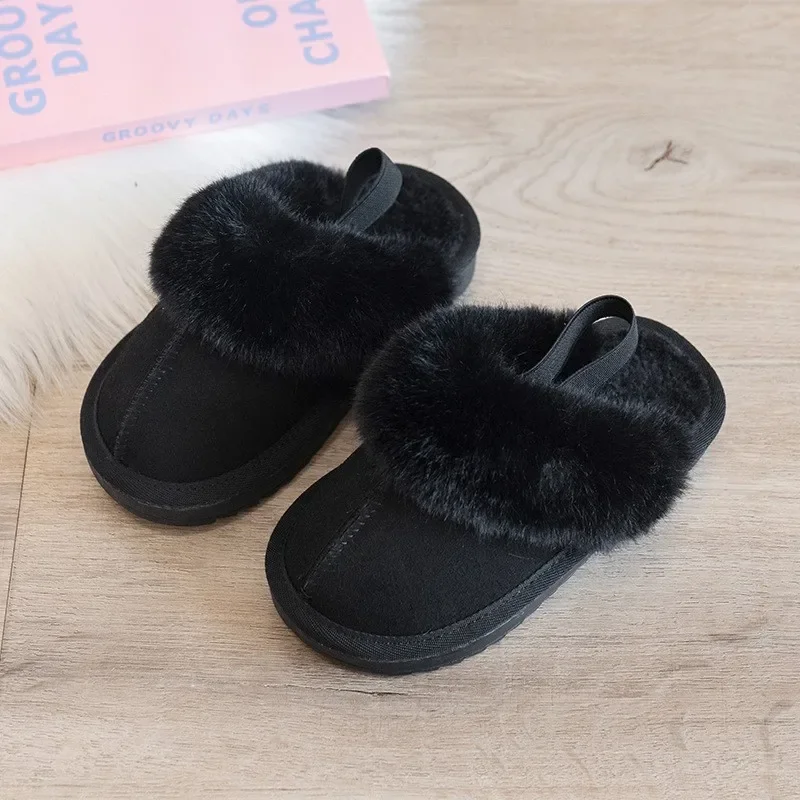 Pantofole in peluche in pelle scamosciata per bambini in stile coreano 2023 inverno nuove ragazze scarpe in cotone con fascia elastica semplici