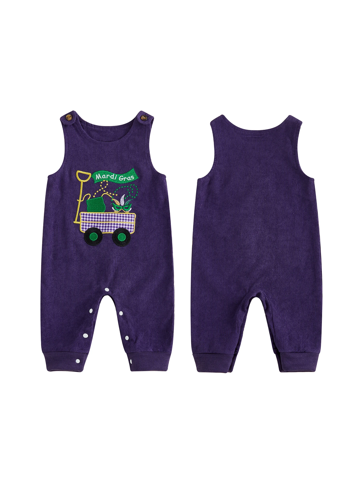 

Infant Carnival Jumpsuit with Colorful Car Design Sleeveless Round Neck Romper with Festive Embroidery Detail