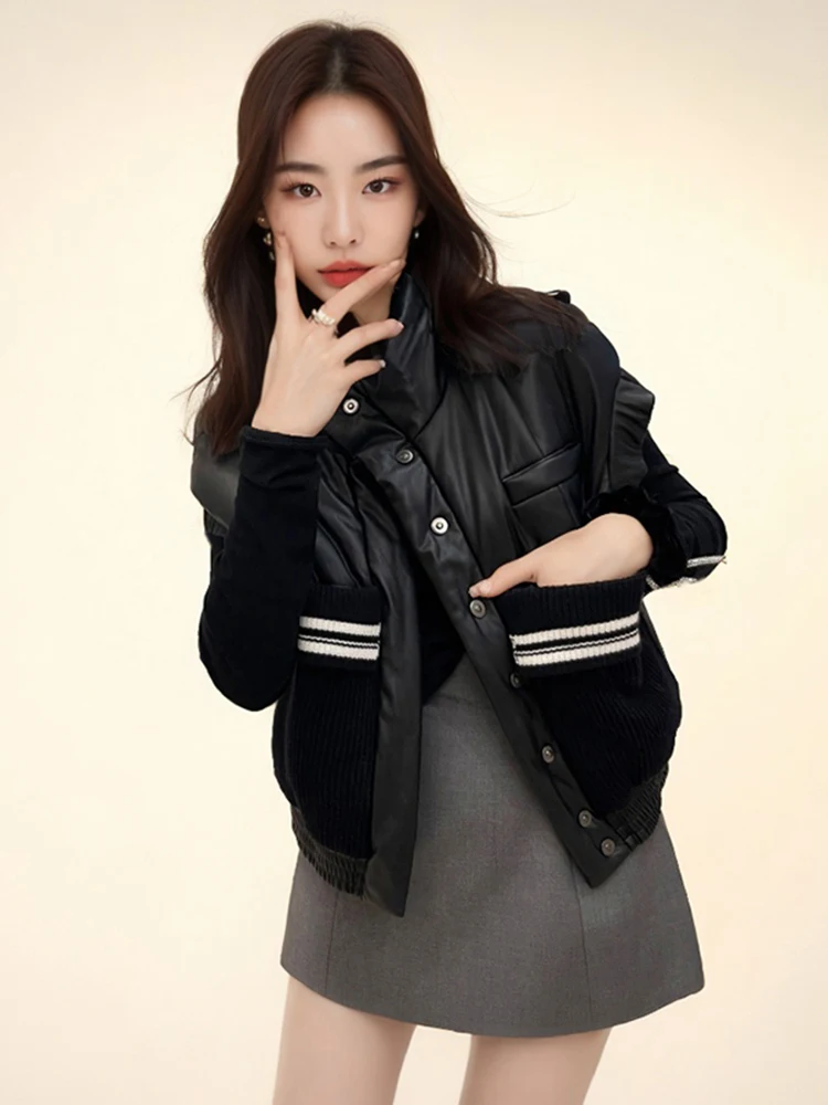 

Women's Cotton down Sleeveless Vest Heavy Embroidery Fashionable Leather Patchwork Open Cardigan Autumn Winter Outerwear
