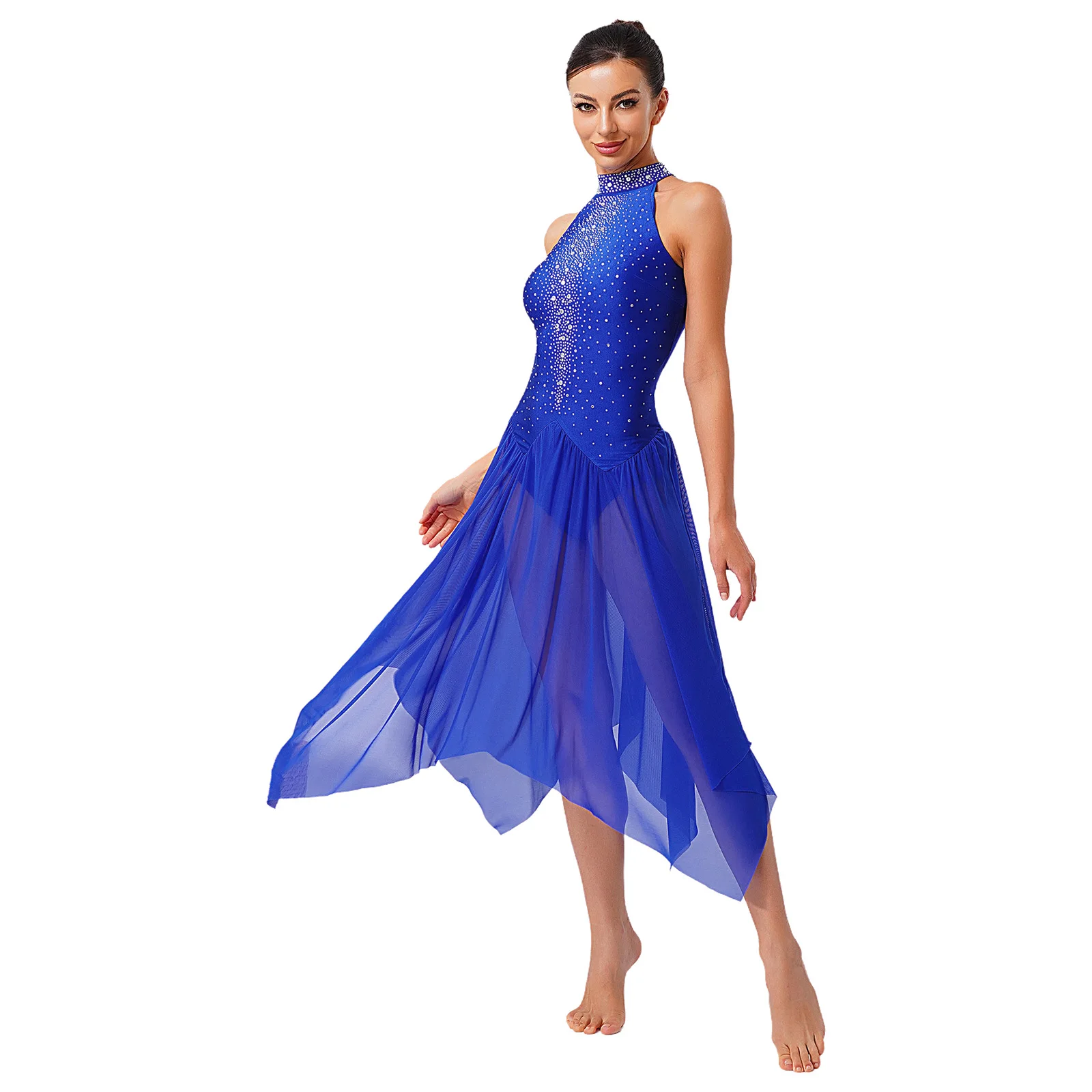 

Womens Lyrical Dance Dress Back Hollow Out Leotard Dress Female Shiny Performance Clothing Figure Skating Gymnastics Active Wear