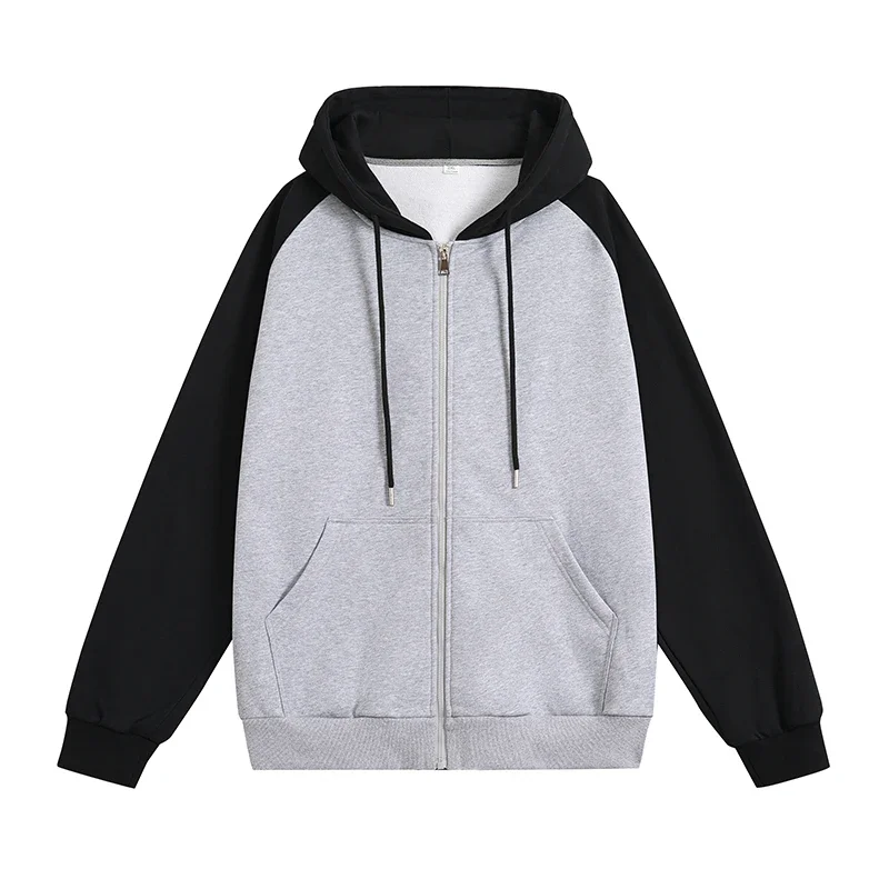 

Autumn and Winter Men Hooded Sweatshirt Tide American Patchwork Hoodies Color Clash Cardigan Sweatshirt Casual Zip Hooded Jacket