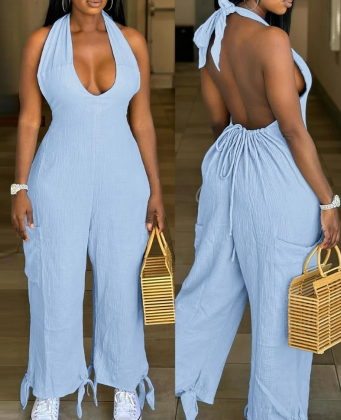 

Jumpsuit Women 2024 Summer Fashion Halter Backless Tied Detail Pocket Design Casual Plain Sleeveless Daily Wide Legs Jumpsuit