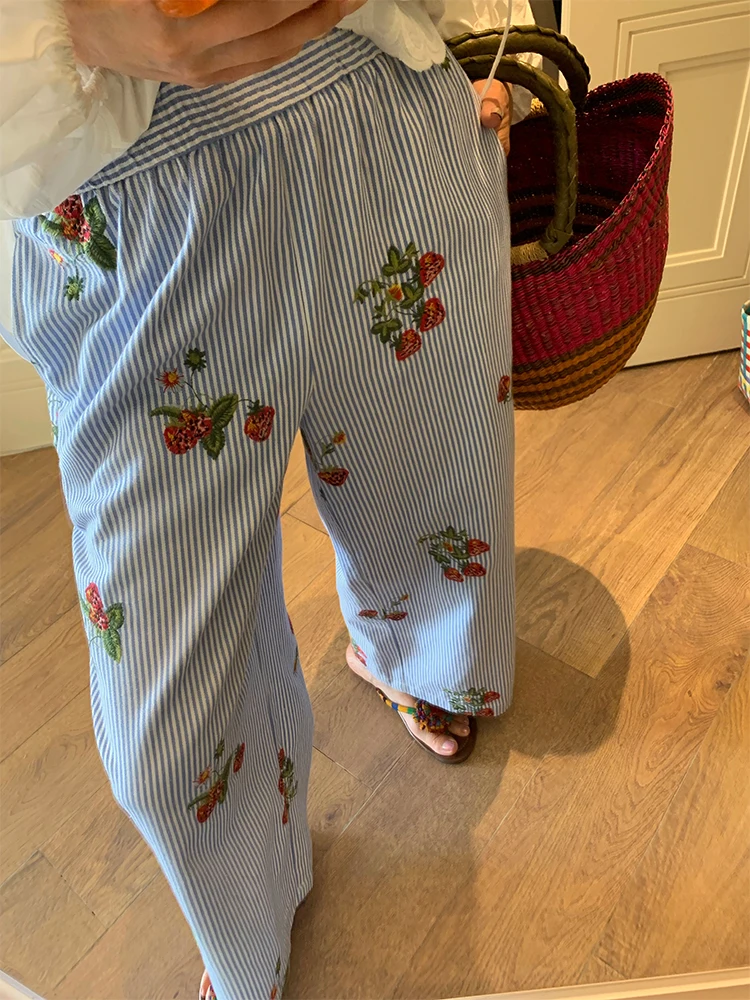 

Women's Straight Leg Wide Leg Pants 2025 New Small Size Elastic Waist Stripe Embroidered Casual Trousers High Waist Long Pants