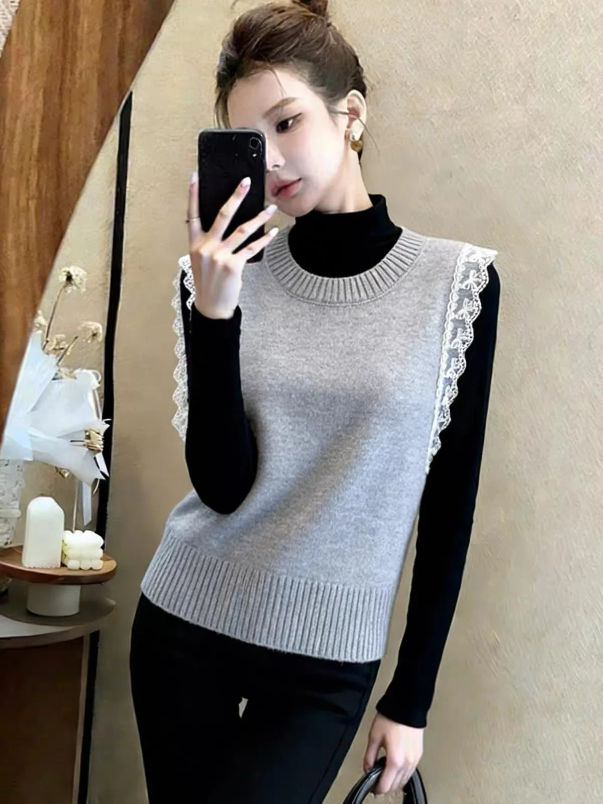 Women Round Neck Plush Knit Sleeveless Vest Lace Border Crop Waistcoat Solid Beige Korean Casual Street Layering Outfits