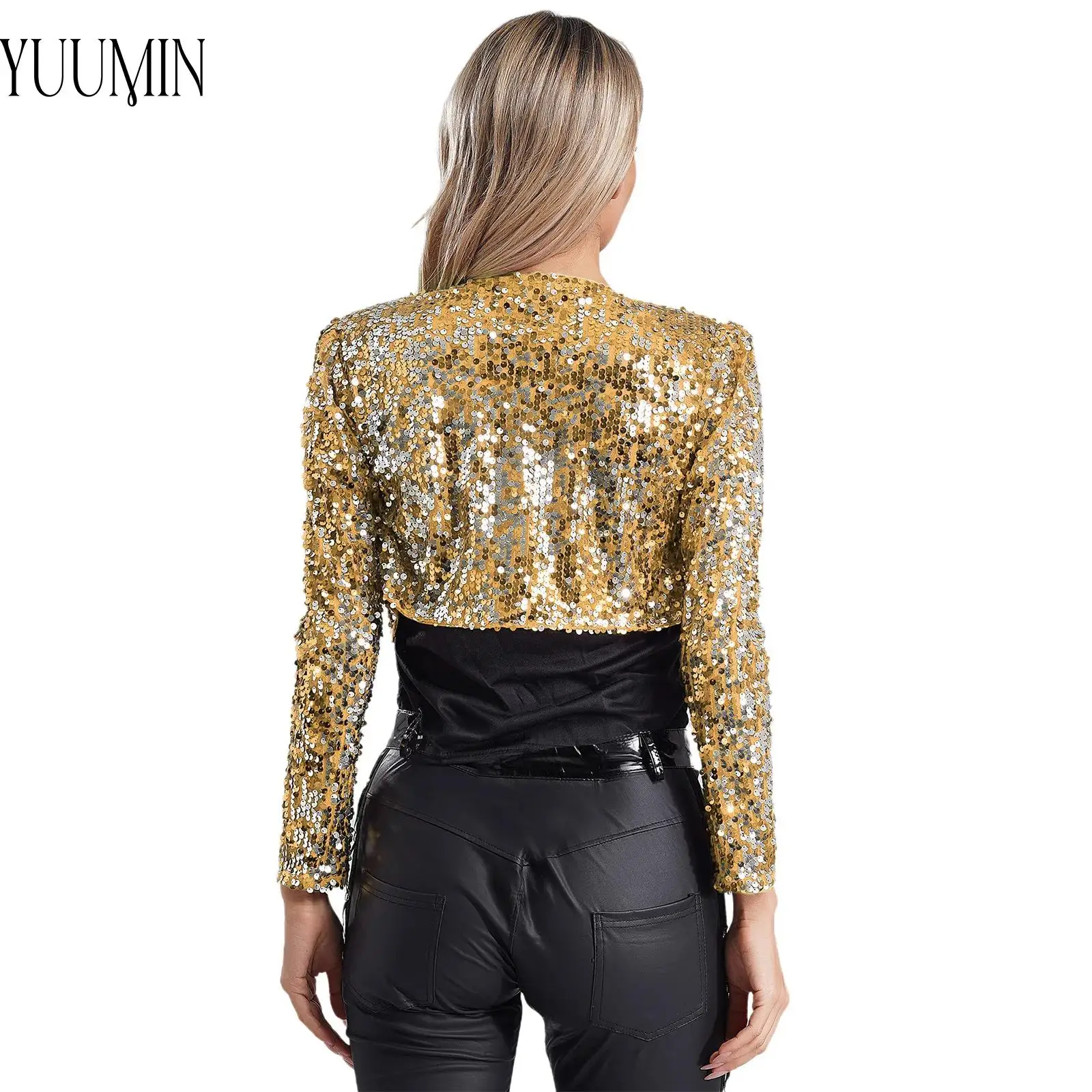 Womens Sparkly Sequin Crop Jacket Outerwear Open Front Long Sleeve Fully Lining Crop Cardigan Blazer for Cocktail Club Party