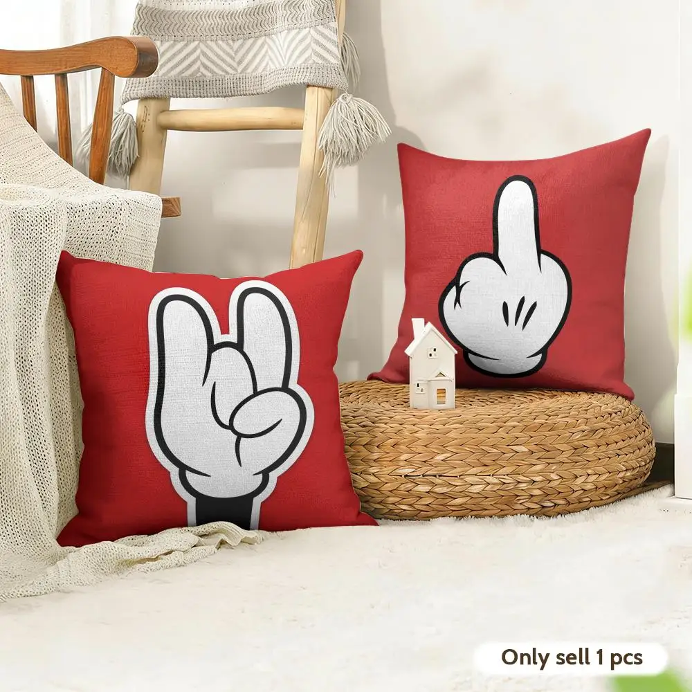 Red Finger Gesture Cushion Cover Natural Linen Pillow Cover Double-Sided Print Cushion Cover for Sofa Home Decor