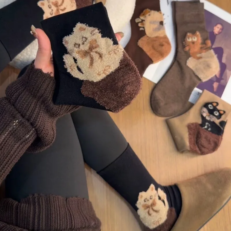 القط ريشة الغزل نمط الجوارب العظم عالية أنبوب تنفس الدافئة تكويم الكرتون المرأة منتصف العجل الشتاء الكاحل الجوارب