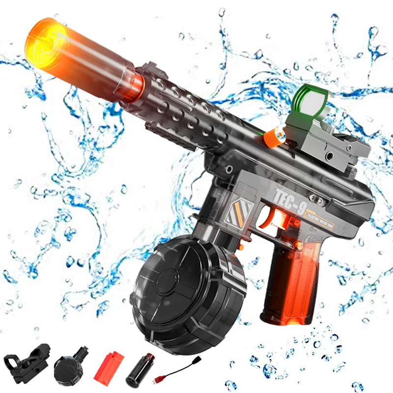 

Новый водяной пистолет TEC9, электрический водяной пистолет, игрушка, полностью автоматический высокоскоростной пистолет-пулемет непрерывного действия с отскоком, вспышка