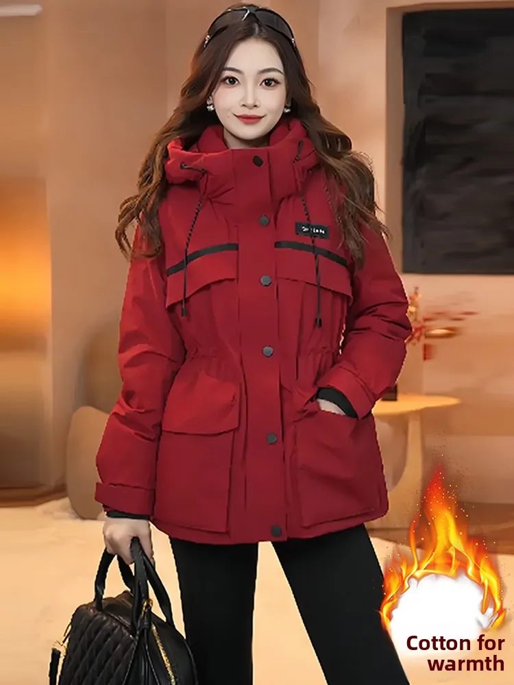 

Women's Fce Lined Hooded Parka Thi Warm Coat Slimming Waist Design Winter Outerwear Korean Sle Loose Fit Long Sve