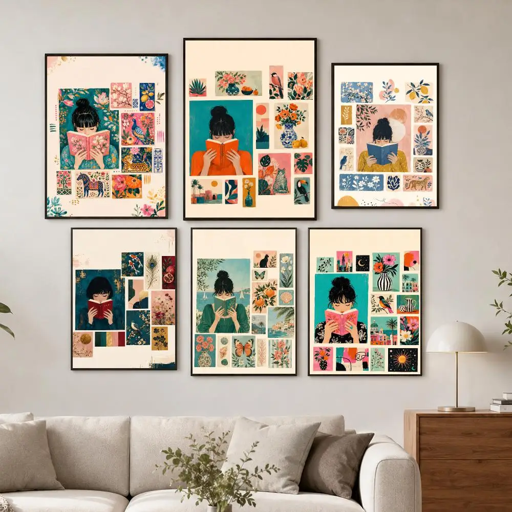 Bookish Woman Collage Poster Wall Decor Self-Adhesive Aesthetic Modern Vibe Stylish Gift Friends Using Living Room Bedroom