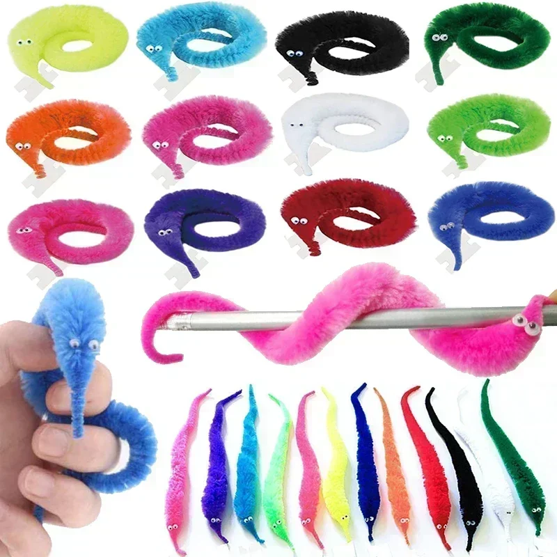 3-24pcs Twisty Worm Magic Toys Party Favors Fuzzy Worm on A String Christmas Halloween Wizard New Strange Trick Toys for Kids