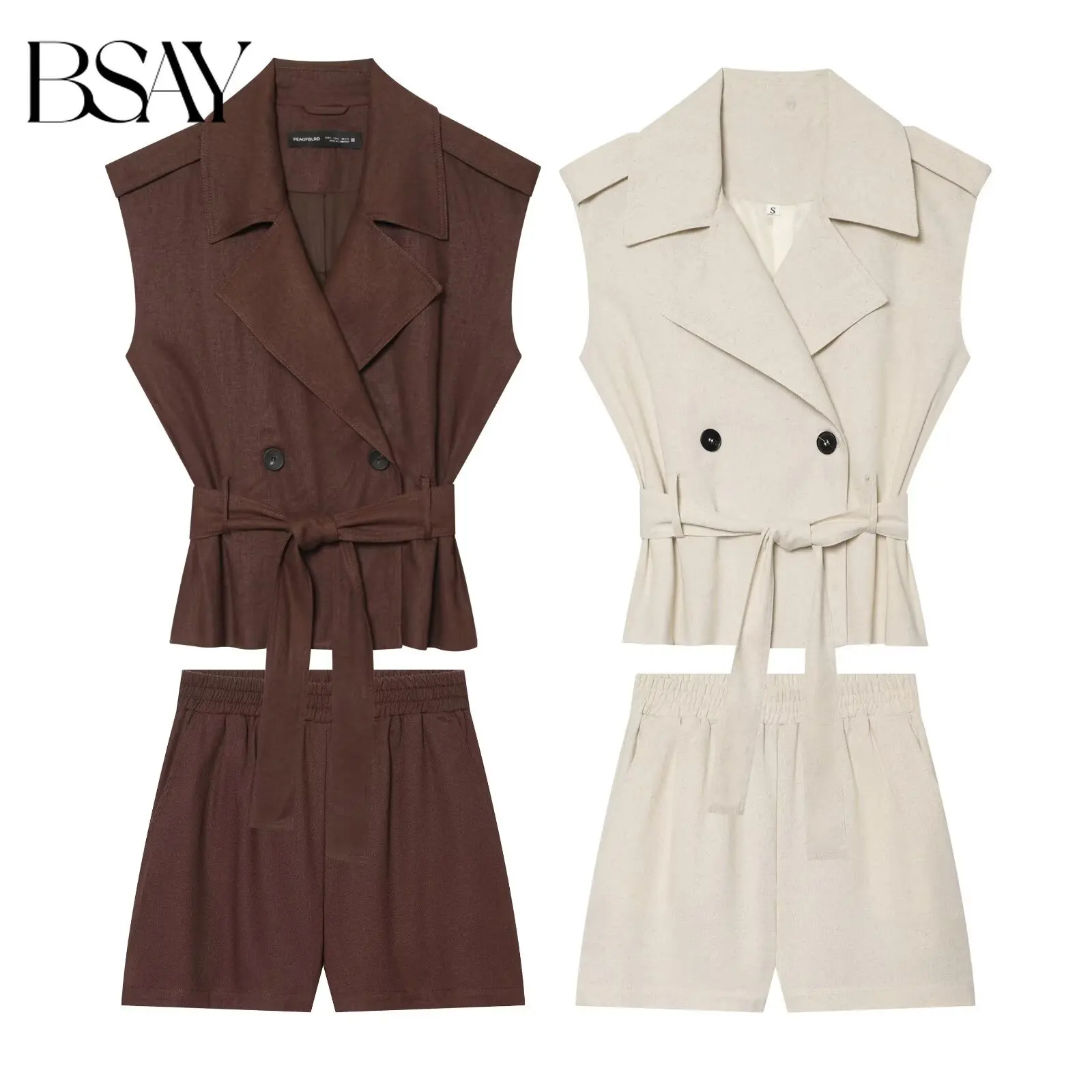 BSAY 2026 Neues Damen-Blazer-Shorts-Set 2-teilig Elegante Ärmellose Weste mit Gürtel Hochgeschnittene Shorts Sommer Büro Freizeitanzug