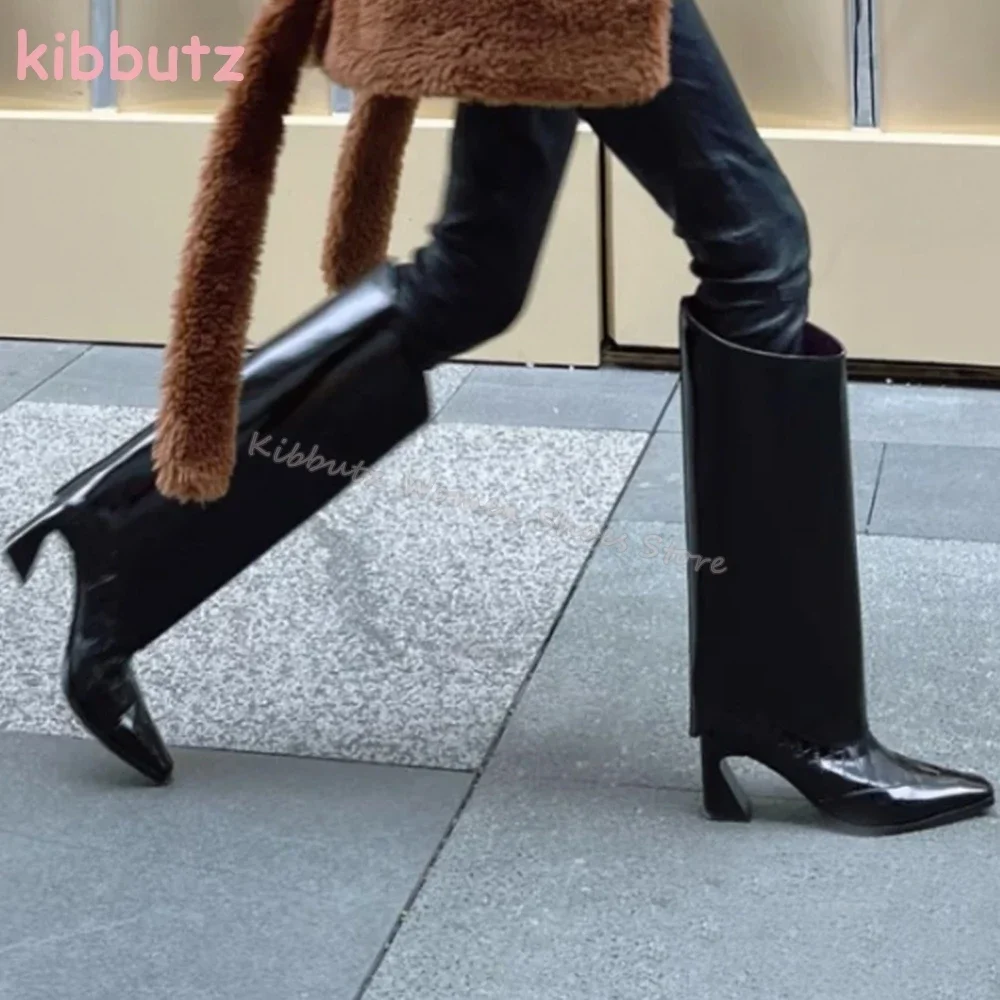 

Turned-Over Edge Boots Knee High Square Toe Strange Heels Luxury Leather Solid Color Slip-On Fashion Luxury Elegant Sexy Shoes