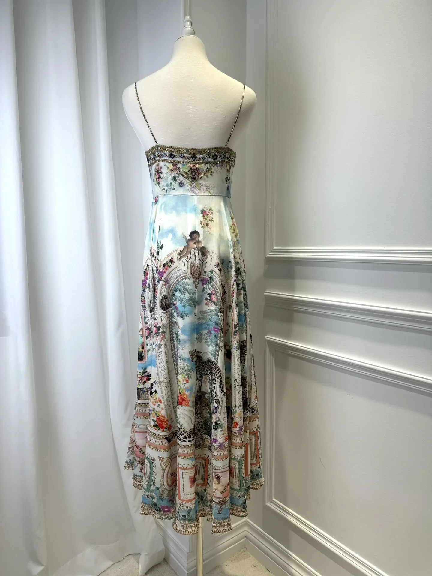 Flower Printed Women's Sling Robe Bow Design V-Neck Sleeveless High Waist Elegant Female Maxi Dress