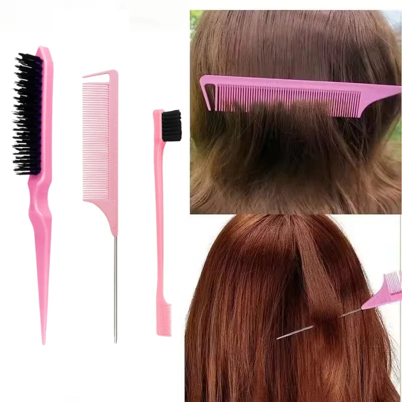 Triplo Hair Styling Comb Set, Provocando Escova de Cabelo, Rat Tail Combs, Edge Brush, Braid Tool Loop, 3Pcs