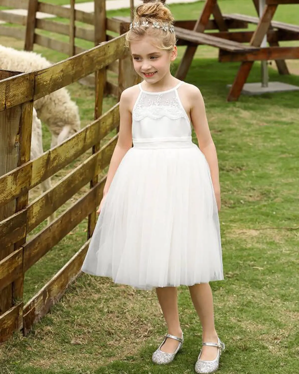 Vestidos de encaje con espalda de flores para niña, tirantes finos para niños, boda, cumpleaños, día del té, vestido de fiesta largo