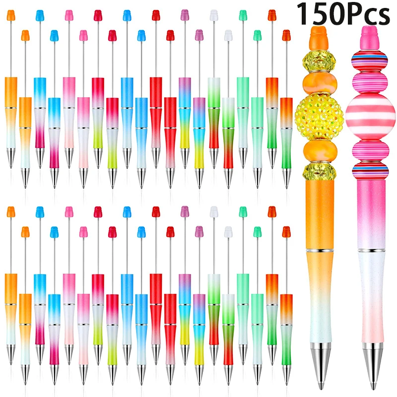 

150Pcs Gradient Color Beadable Pen DIY Bead Ballpoint Pen Black Ink Beaded Pens for Students Office School Supplies