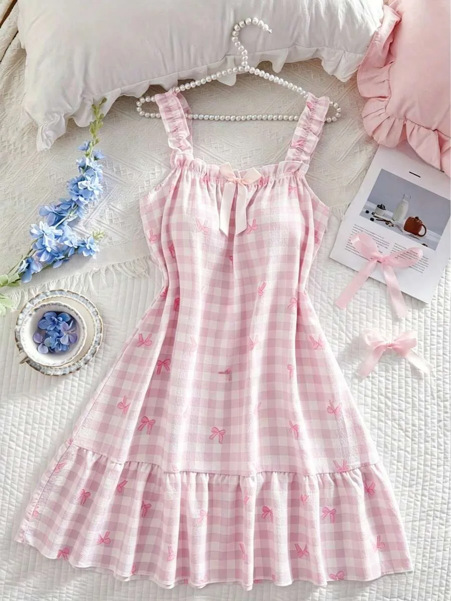 Summer Lightweight Breathable Camisole Nightgown, Floral Bow Plaid Print Spaghetti Strap Sleep Dress with Ruffle Trim