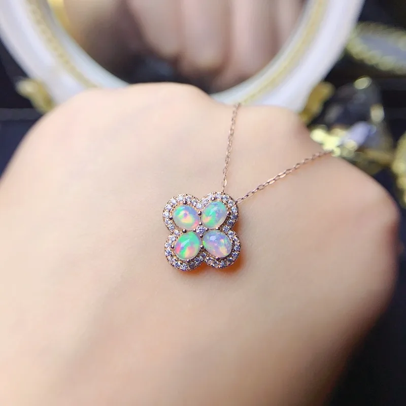 Women Pendant 4x5mm Necklace Natural Opal Necklace Real 925 Silver Jewelry Good Gift