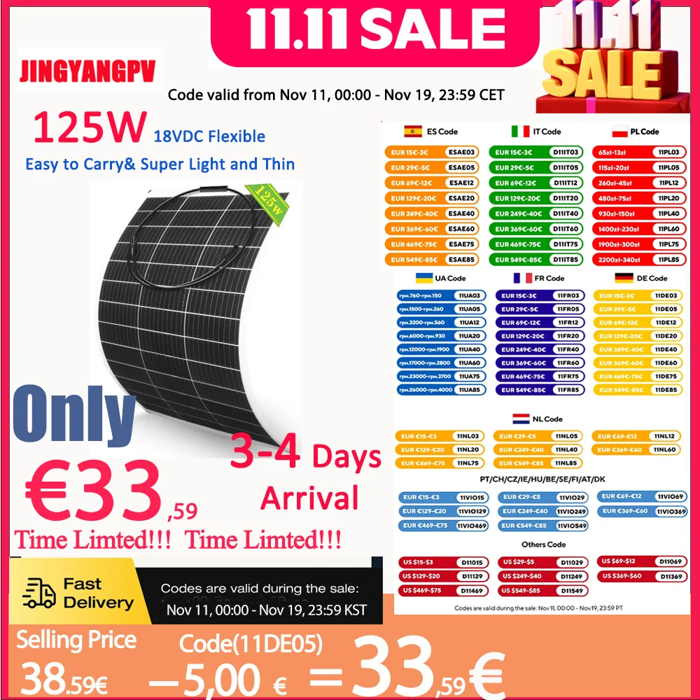 

Solar Panel 125W 250W Flexible Panel Solar Monocrystalline Cell Power Station 12V Battery Charge For Camping Boat RV
