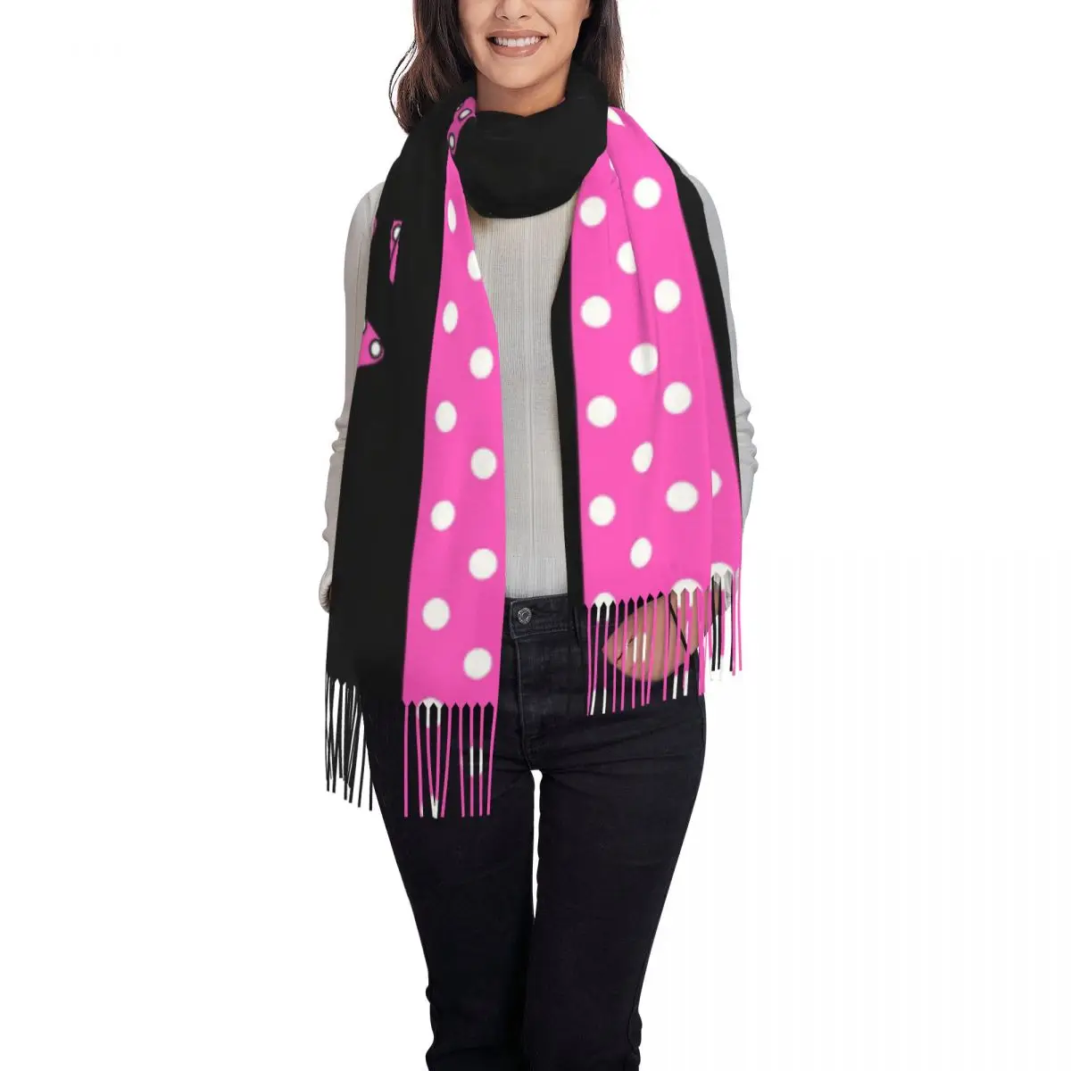 

Pink Bow Polka Dots Tassel Scarf for Autumn Fall Winter Cute Scarf Headband Long Reversible Thin Scarf Design Women