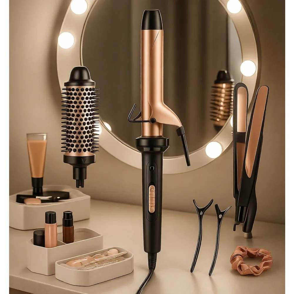 3 in 1 Curling Iron and Flat Iron Set Dual Voltage Instant Heat with Thermal Brush Glove and Clips