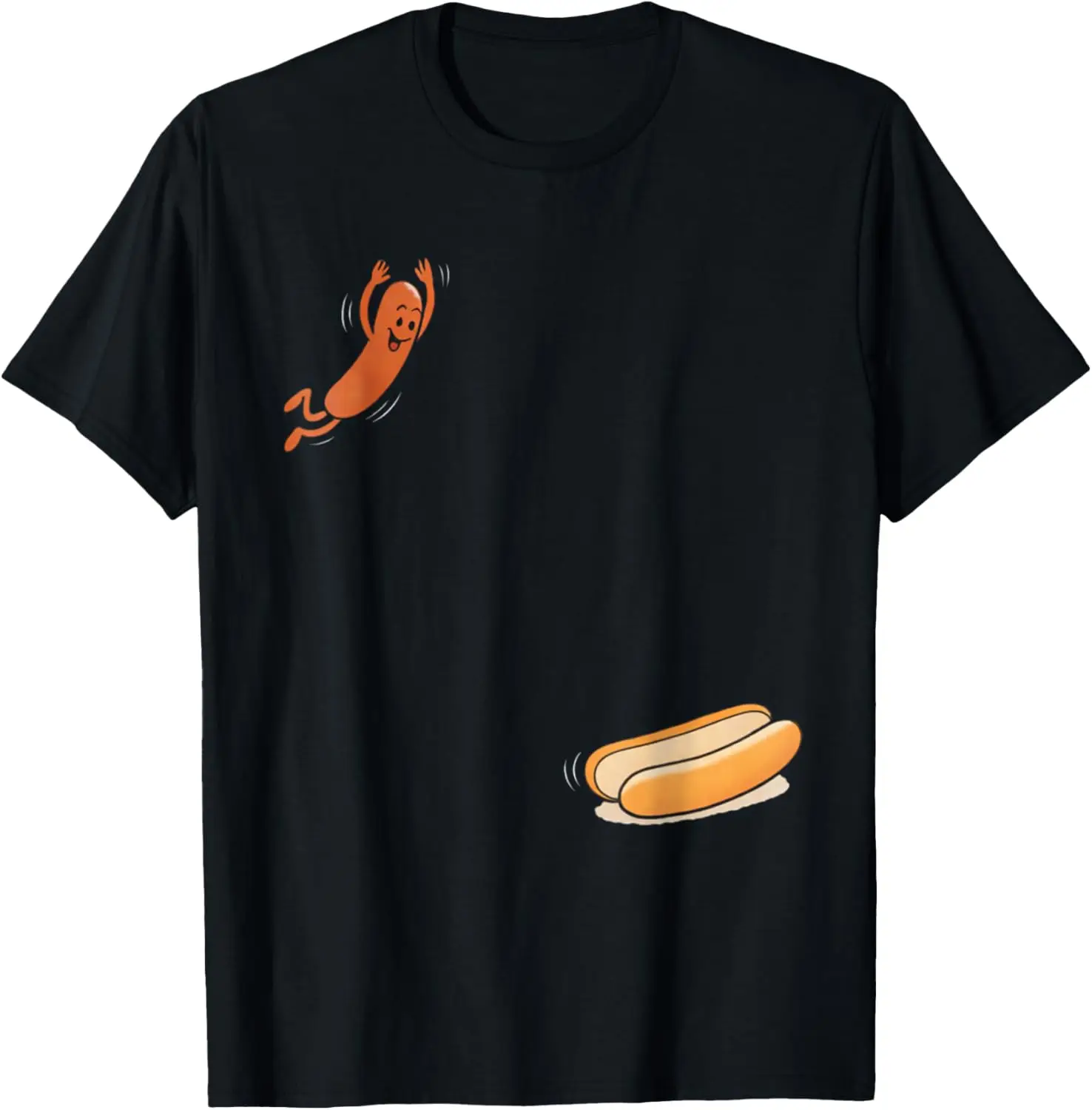 Funny Hot Dog Jumping Into Bun Sausage BBQ High Dive T-Shirt 100% Cotton Trendy Y2K Short-Sleeve Tee-Soft, Quick-Drying,