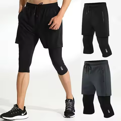 Running Shorts Male 2 in 1 Marathon Fitness Short Gym Man Basketball Workout Pants Zipper pocket Double Deck Sports Shorts Men