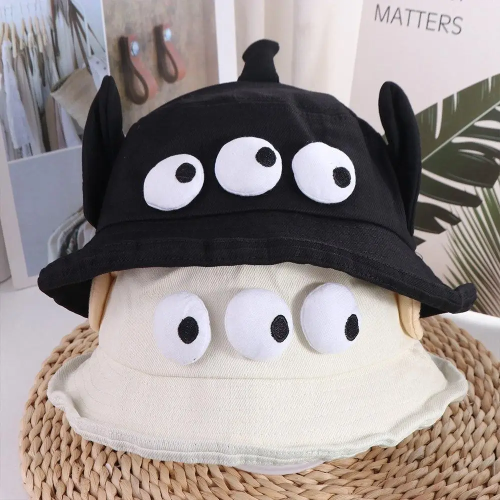 Foldable Three Eyes Bucket Hats Sunscreen Lightweight Big Ear Fisherman Hat Breathable Large Brim Cartoon Sun Hat Fishing Caps